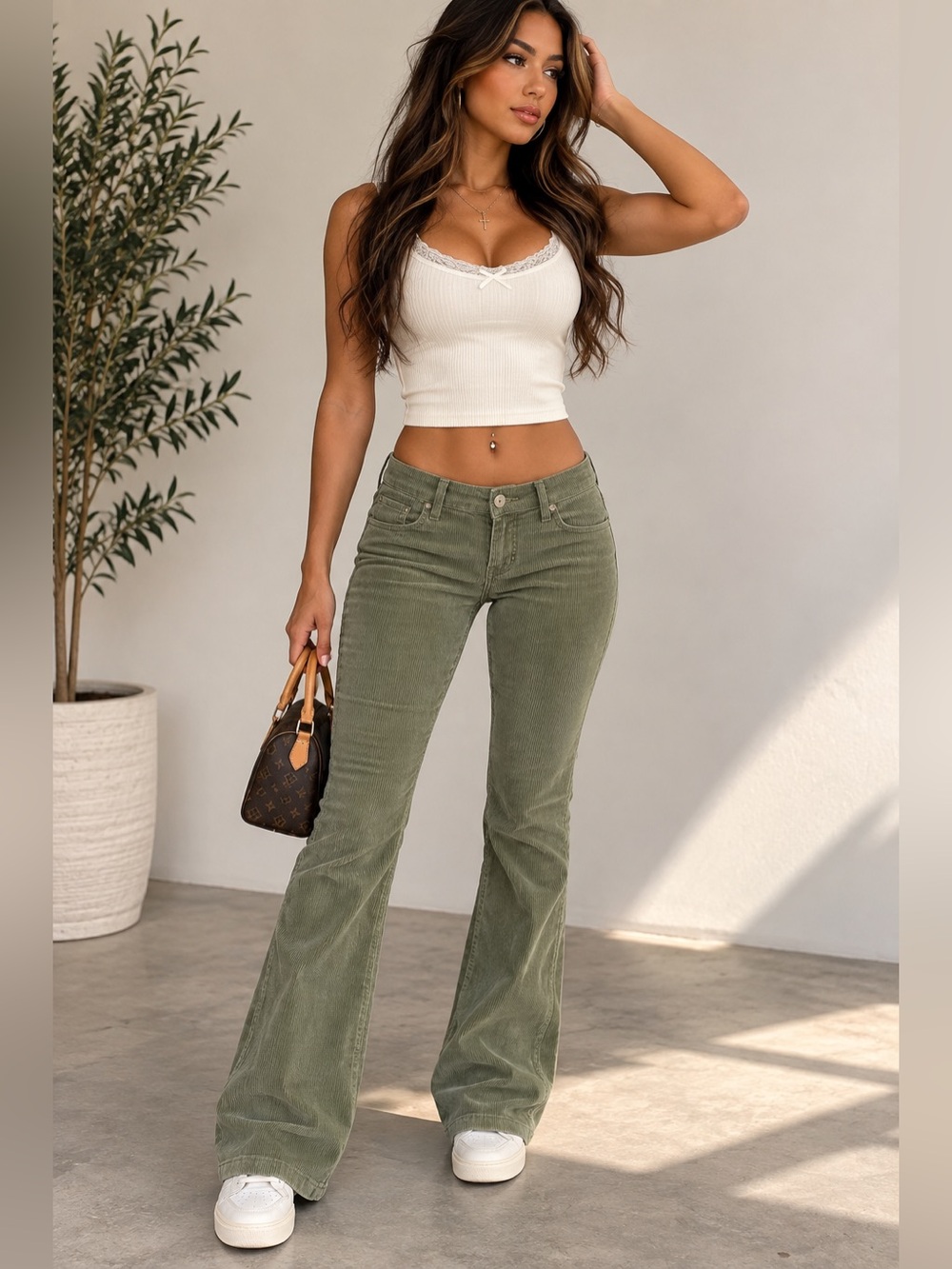 PacSun Olive Green Corduroy Low Rise Bootcut Flare Pants